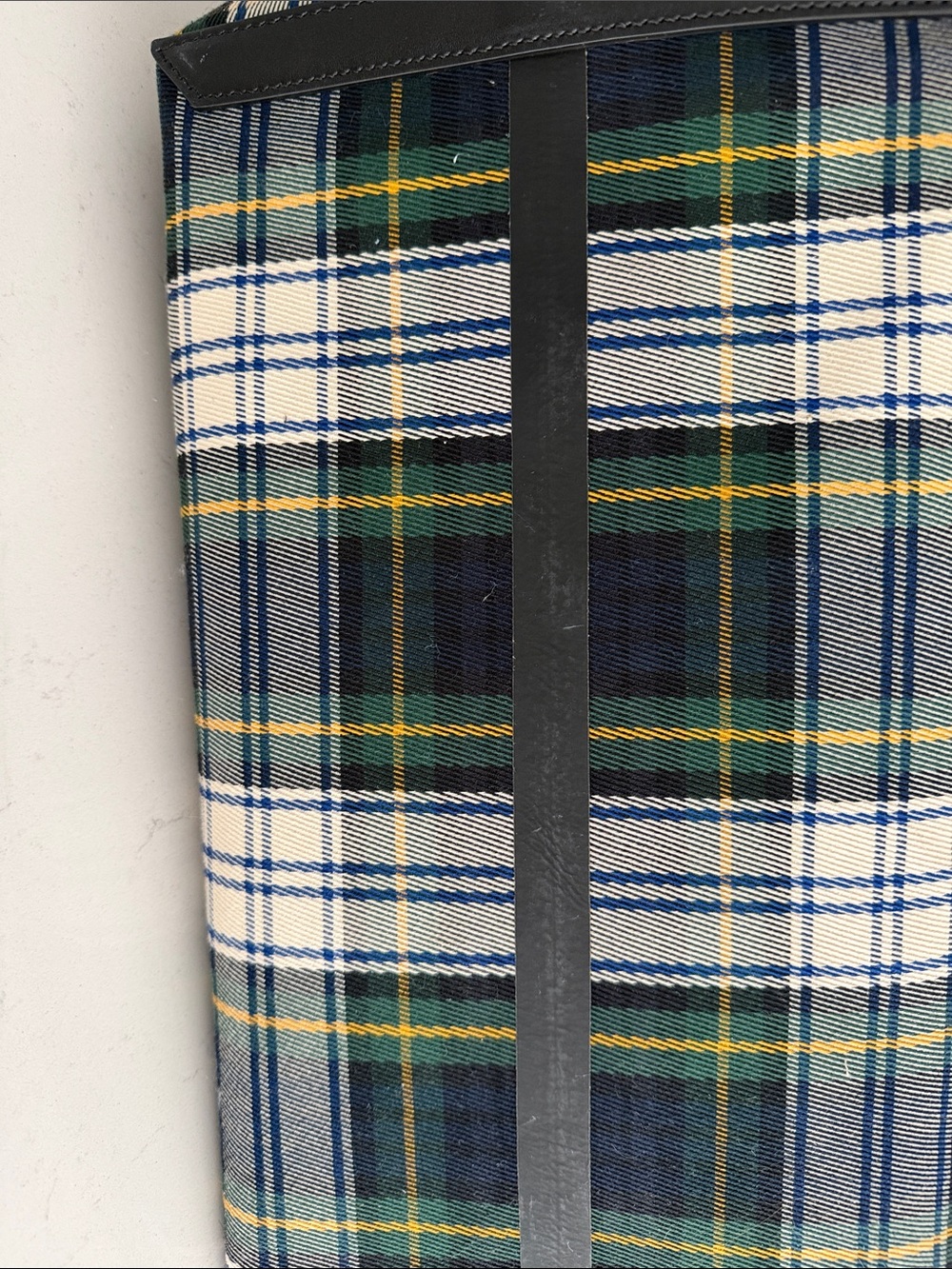 Burberry Navy, Green, Cream Plaid Tote with Black Leather Trim - Picture 4 of 7